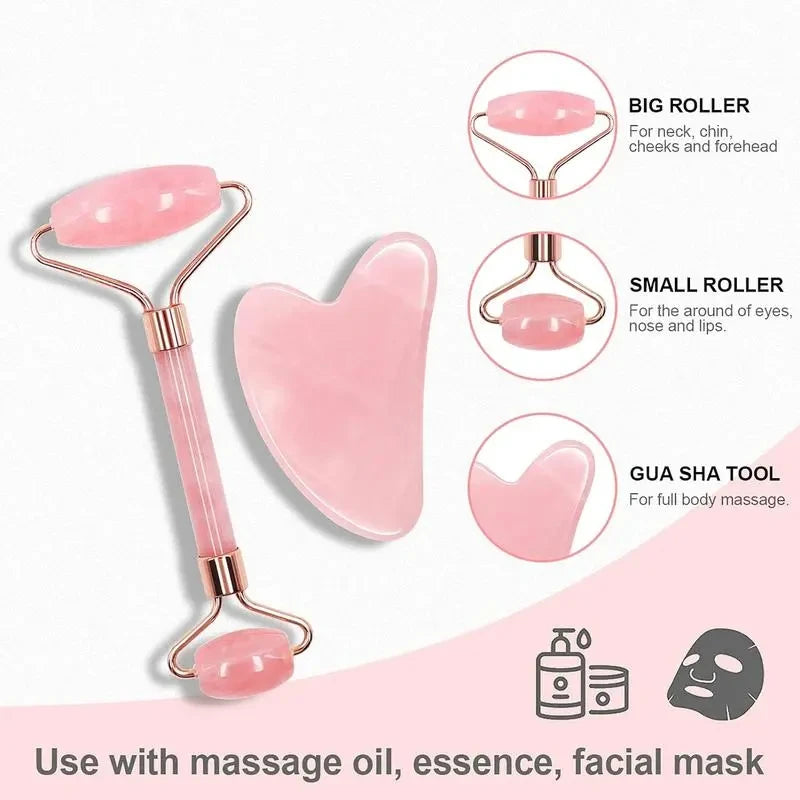 Rose Quartz Jade Roller Gua Sha Set