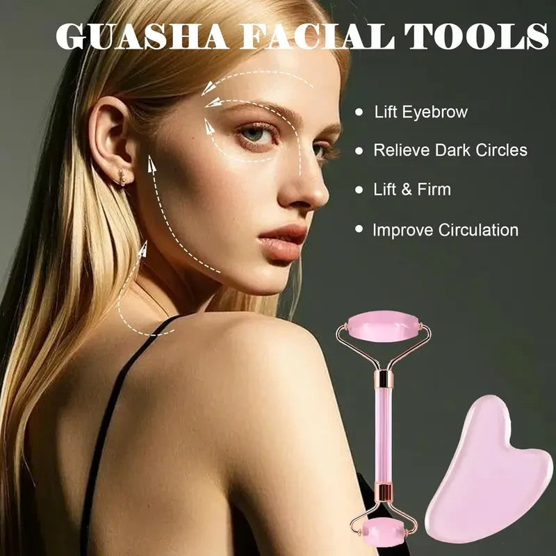 Rose Quartz Jade Roller Gua Sha Set